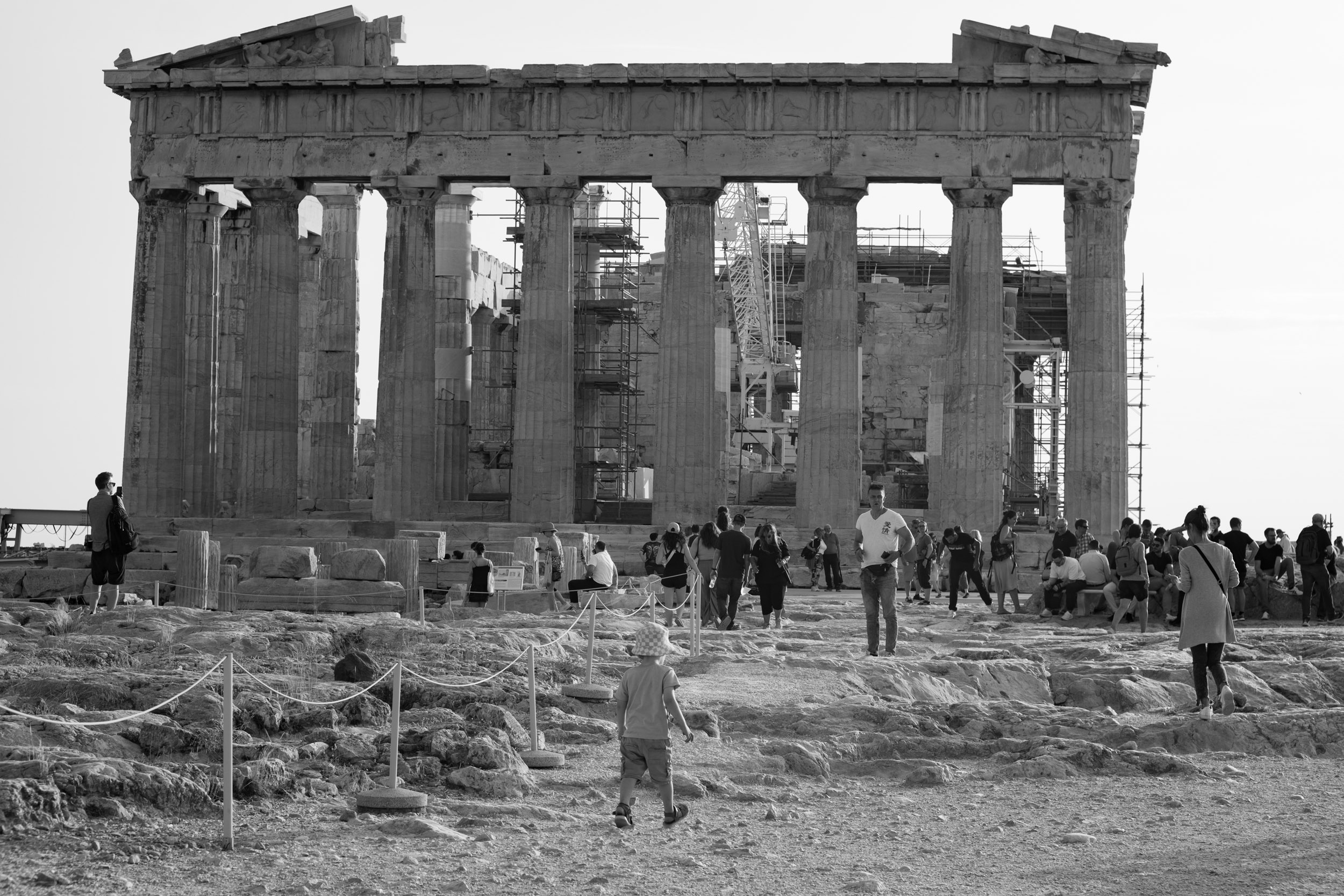 My son walking in front of the Parthenon, a former temple on the Athenian Acropolis.