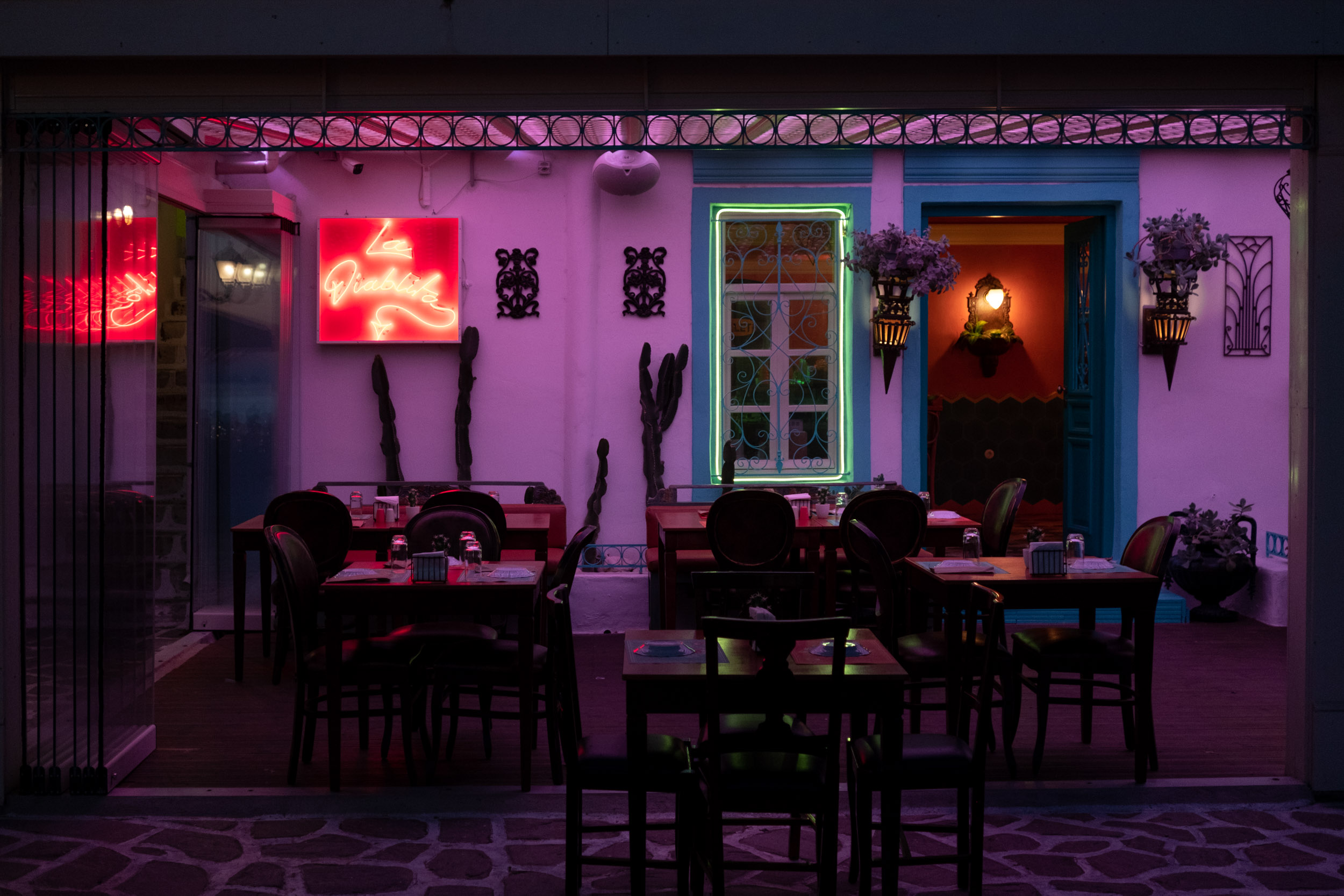 Entrance of "La Diablita", the only Mexican restaurant at the seaside in Parikia, Paros (Greece)