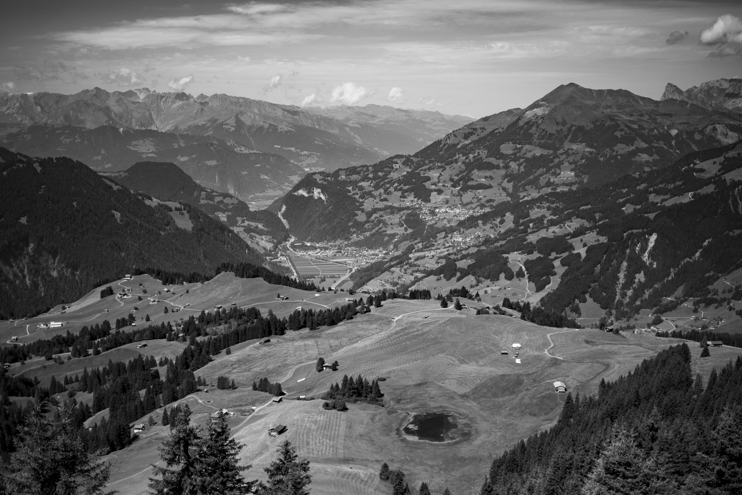Black & White panoramic view down from Stelserberg, where we went hiking today.