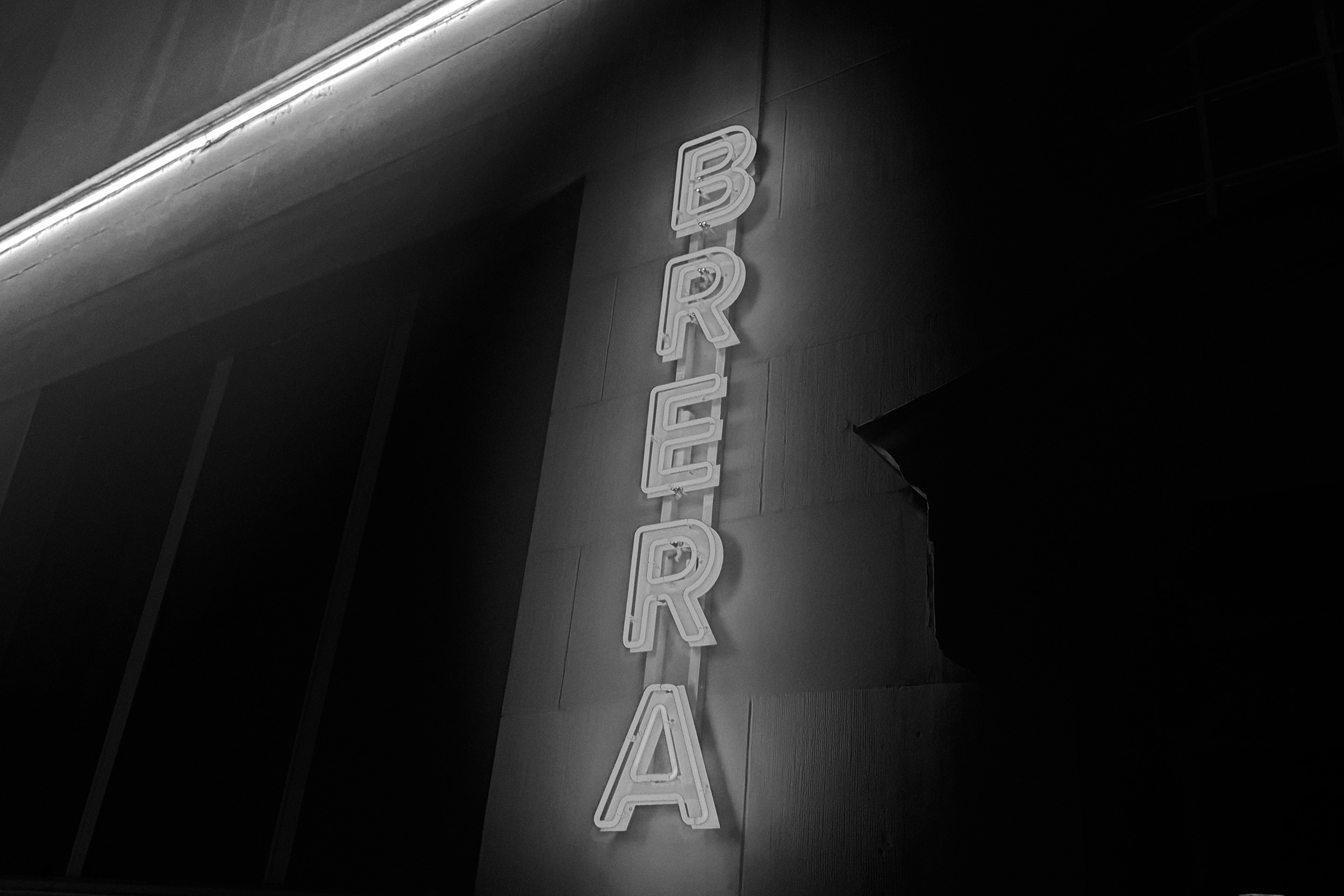 Neon letters "BRERA" in front of the restaurant "Brera Zurigo" in Zurich.