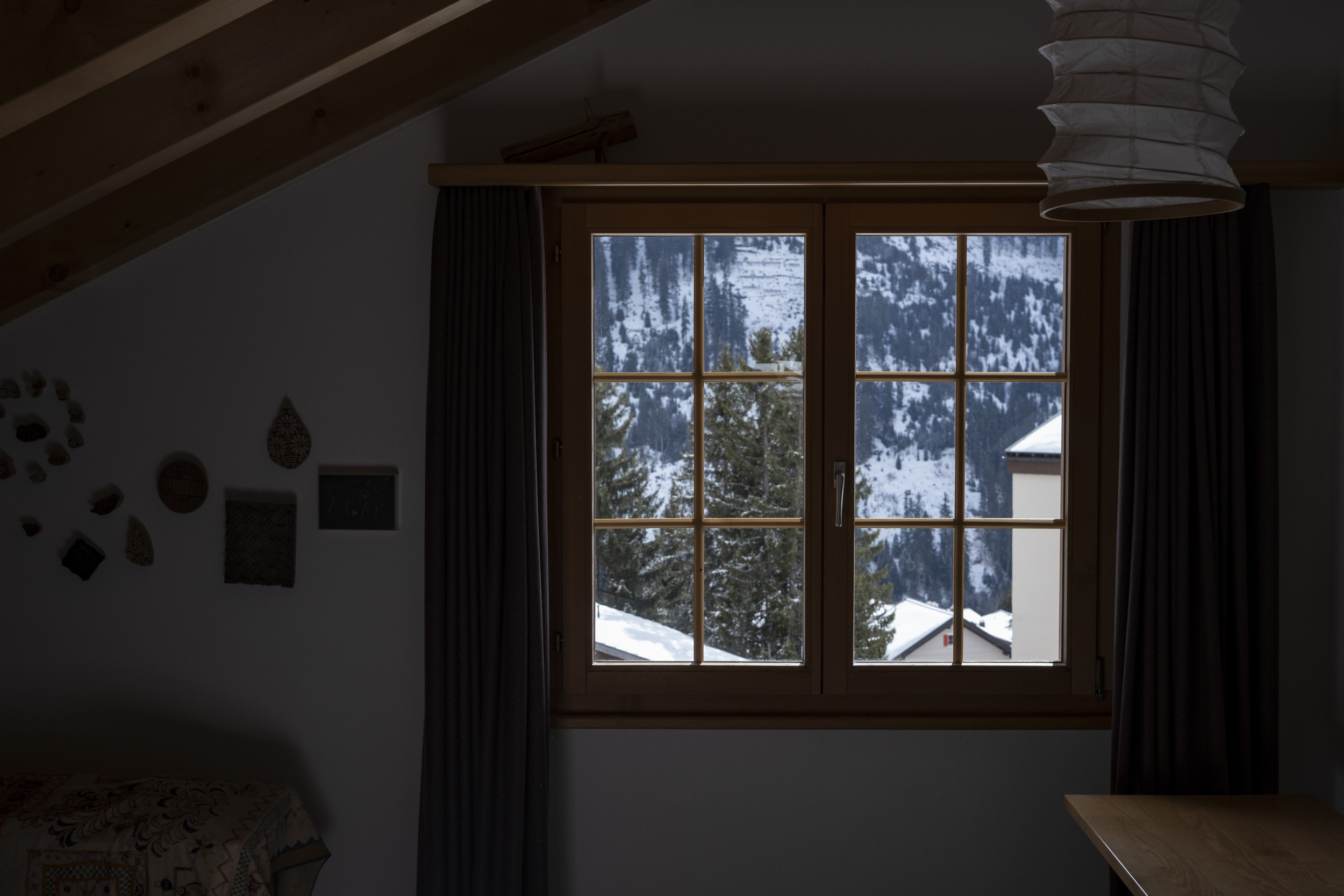 View from our room in Sedrun to the mountains and the trees on the other side of the valley.