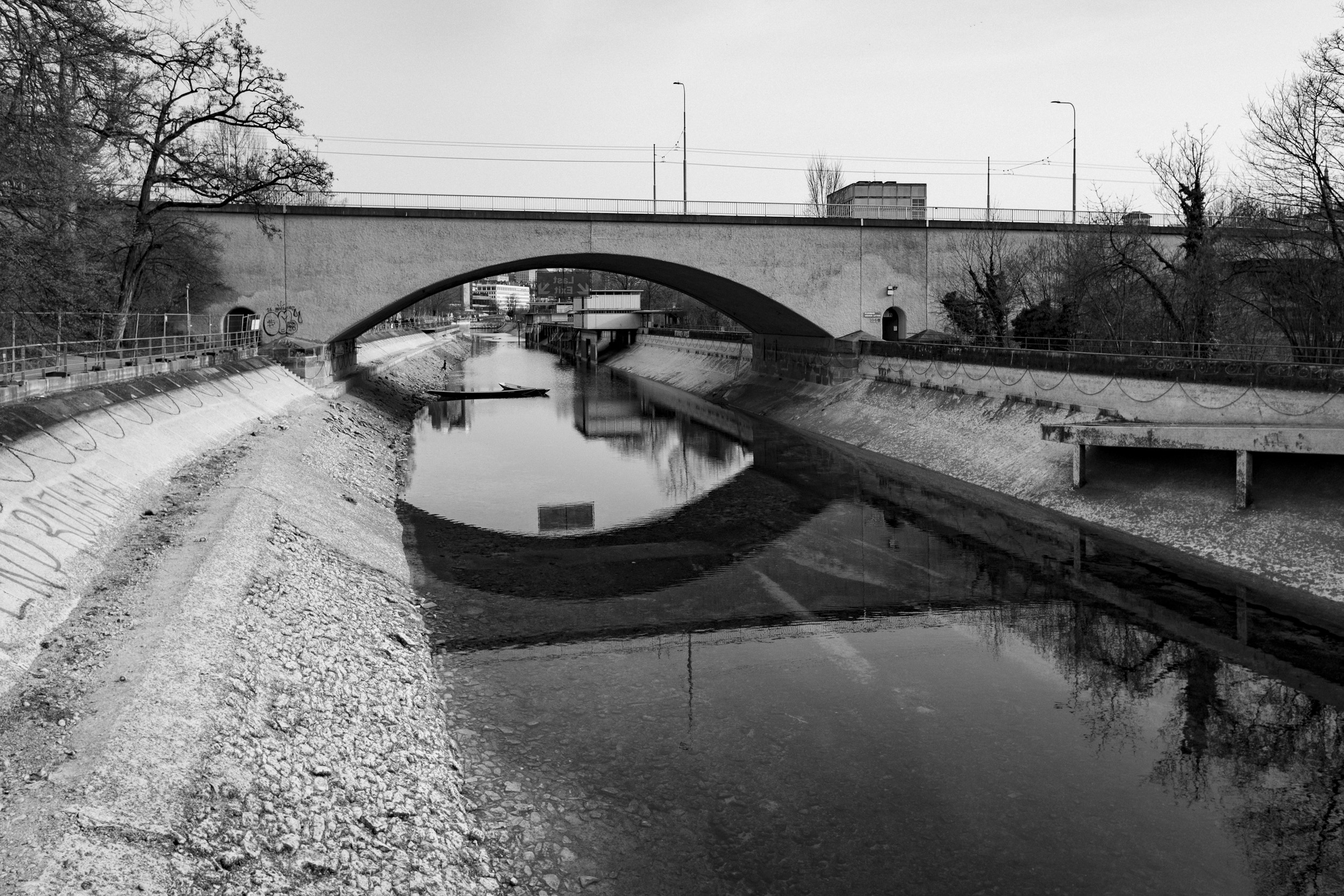 The Limmat river near Letten in Zurich, with the water drained for some repair work. Shot in B/W.